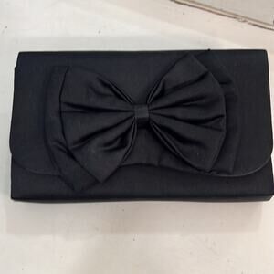 LA REGALE Evening Clutch Purse Black Satin Bow Front Holds iPhone